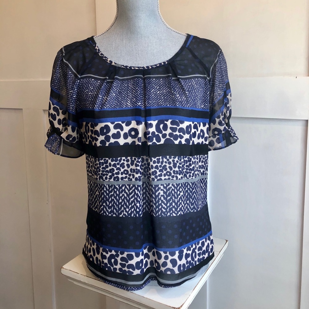 Express short sleeve sheer top blue black white XS